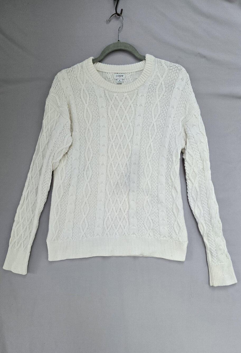 J.Crew Sweater Womens Medium White Cable Knit Crew Neck 100% Cotton Fisherman